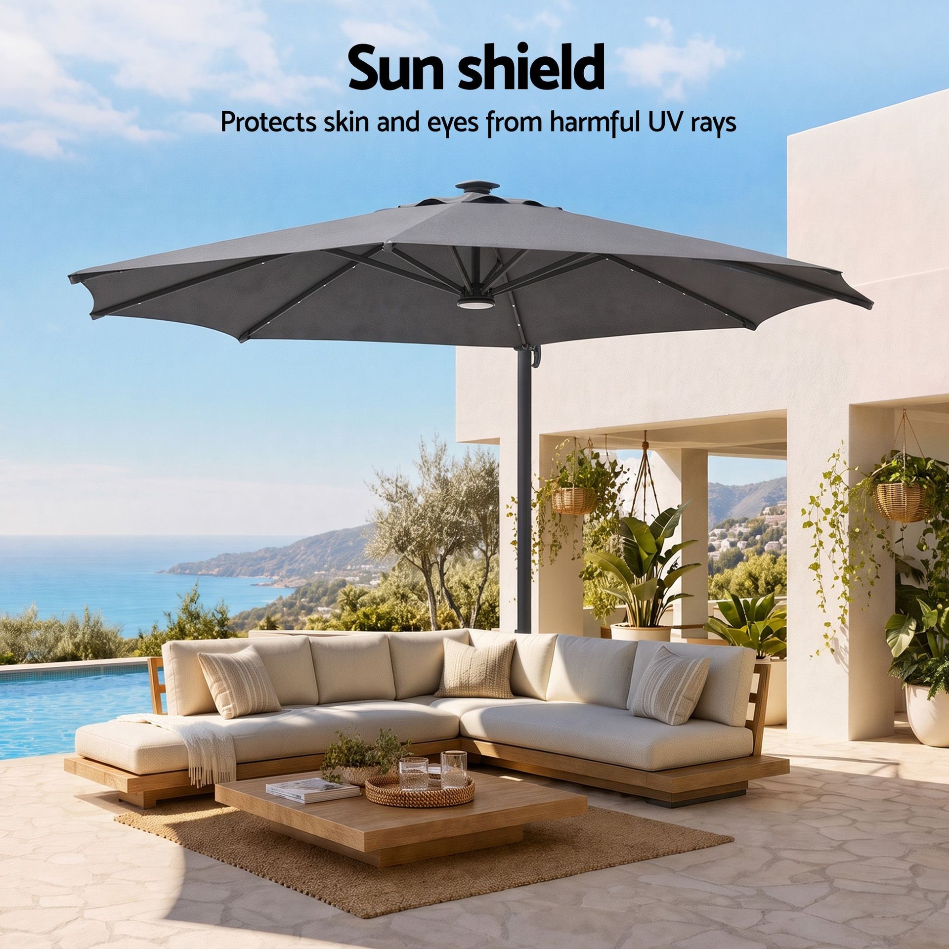 Instahut Outdoor Umbrella 3m Solar LED Offset Cantilever Patio Parasol Charcoal Awezingly