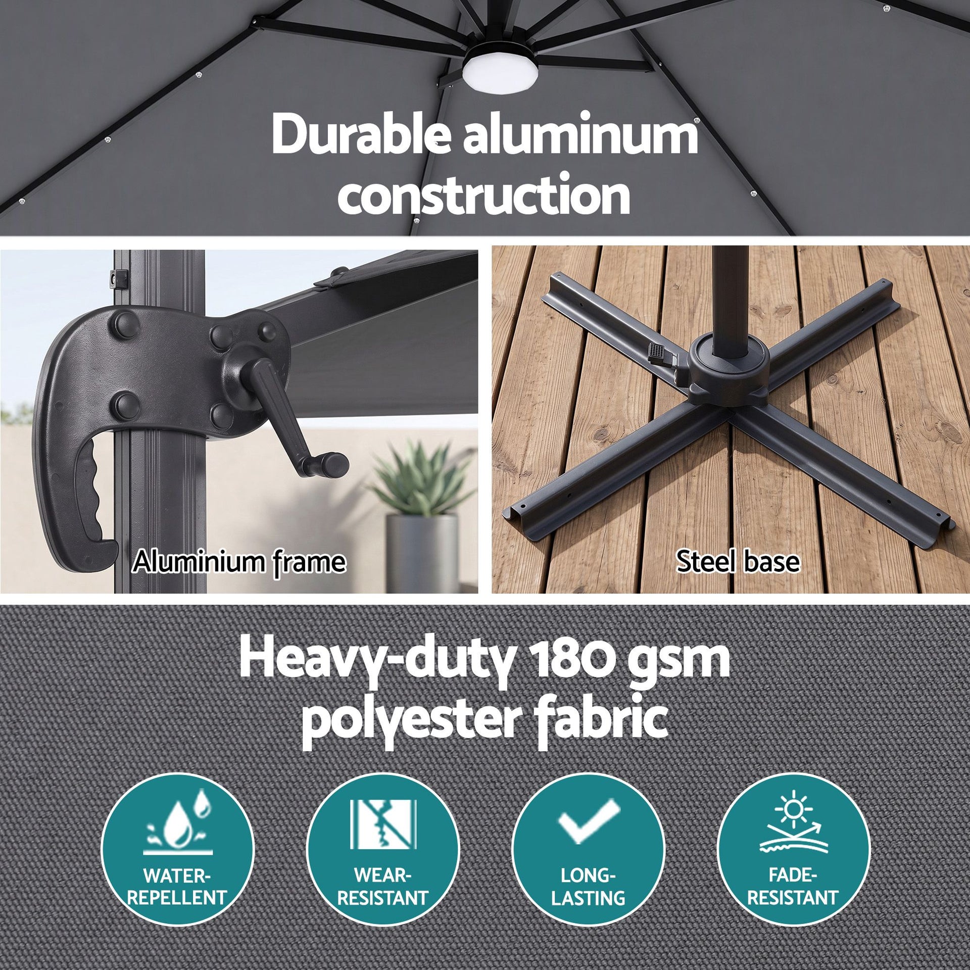 Instahut Outdoor Umbrella 3m Solar LED Offset Cantilever Patio Parasol Charcoal Awezingly
