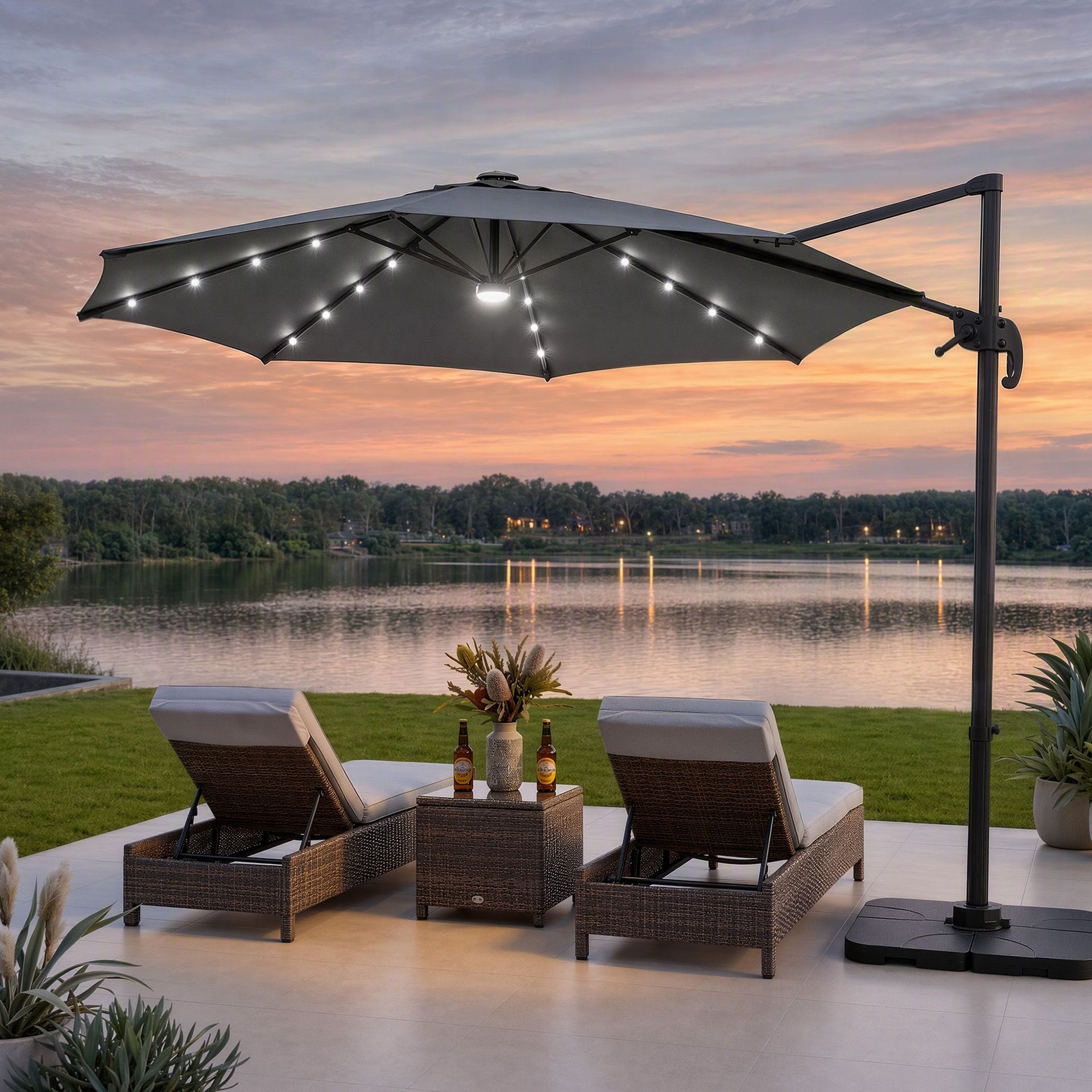 Instahut Outdoor Umbrella 3m Solar LED Offset Cantilever Patio Parasol Charcoal Awezingly