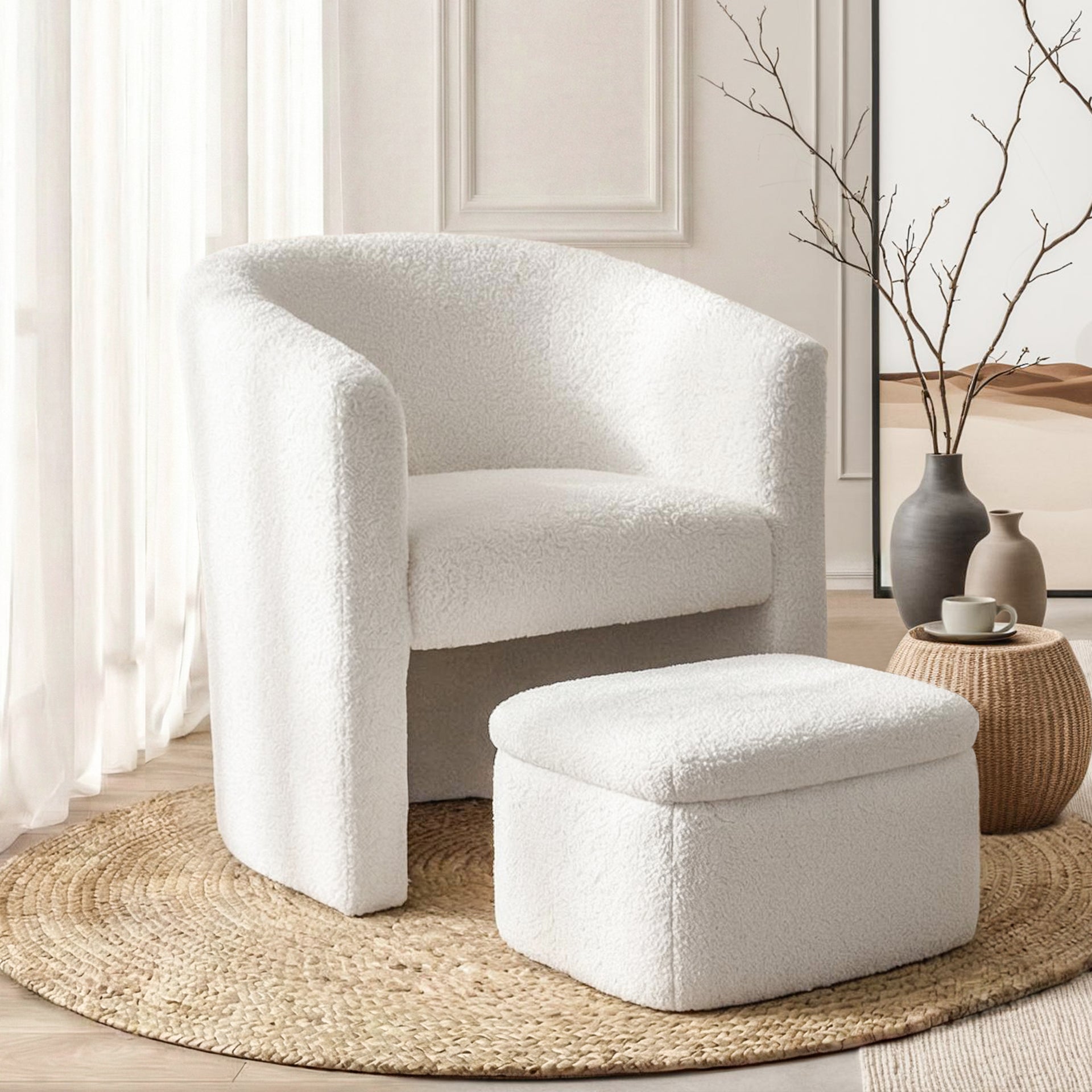 Artiss Armchair Accent Chair w/Ottoman Lounge Footrest Storage Boucle White Awezingly