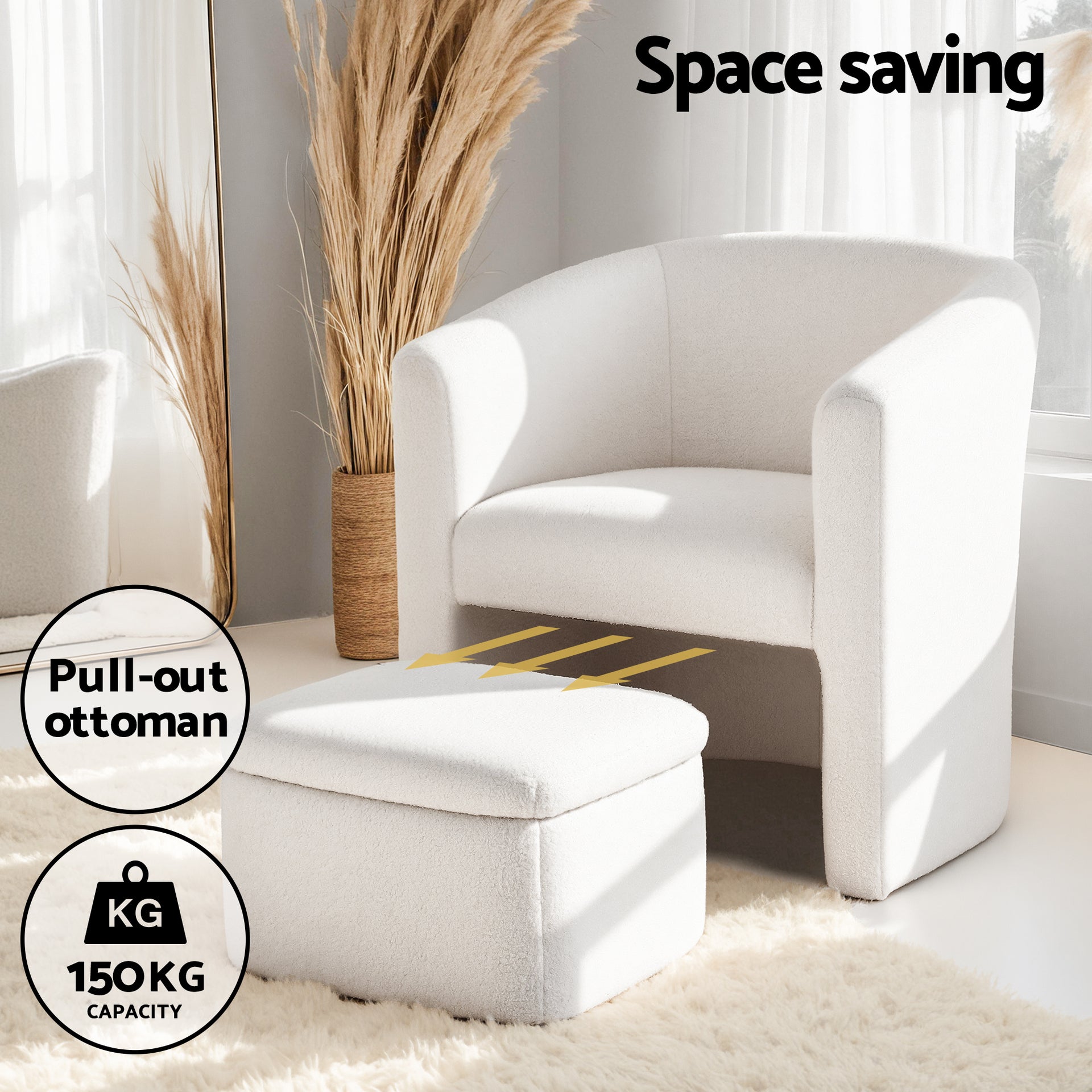 Artiss Armchair Accent Chair w/Ottoman Lounge Footrest Storage Boucle White Awezingly