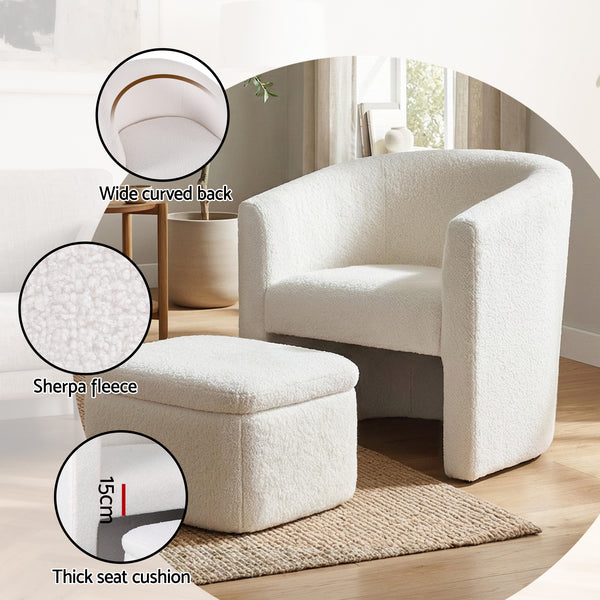 Artiss Armchair Accent Chair w/Ottoman Lounge Footrest Storage Boucle White Awezingly