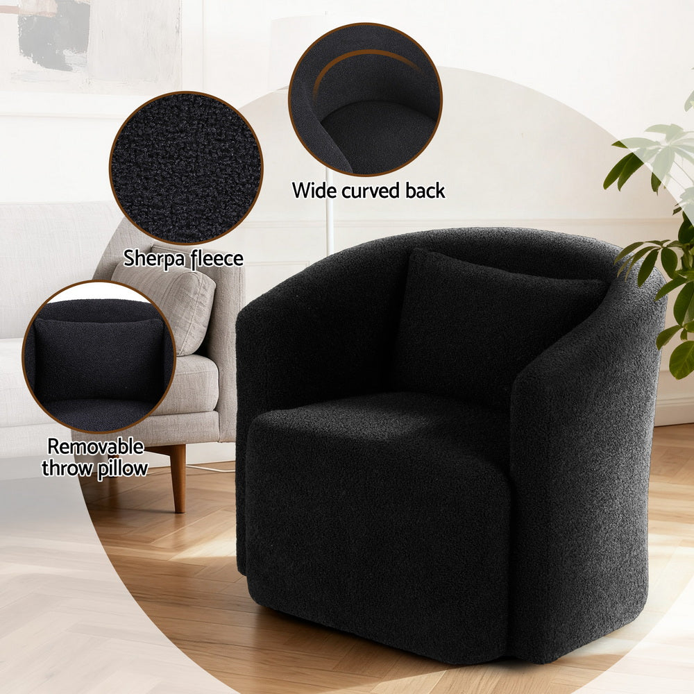 Artiss Round Swivel Armchair Sherpa Fleece Black Awezingly