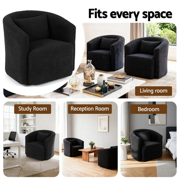 Artiss Round Swivel Armchair Sherpa Fleece Black Awezingly