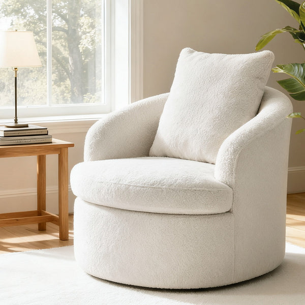 Artiss Round Swivel Armchair Extra Pillow White Awezingly