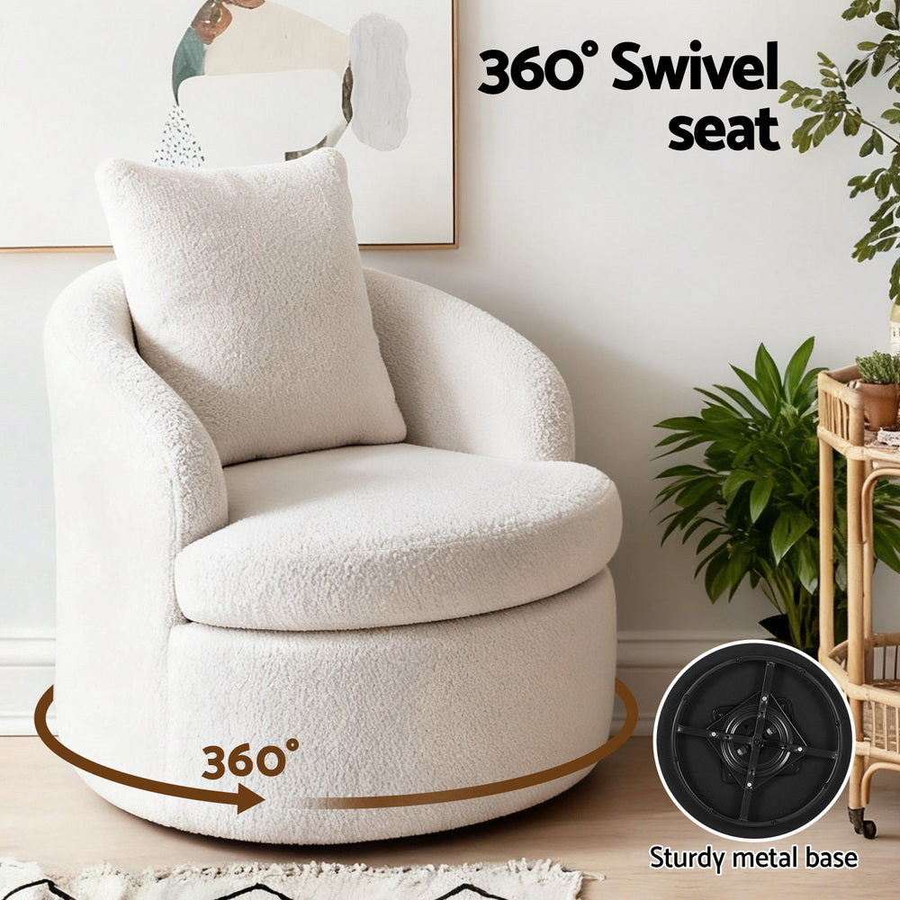 Artiss Round Swivel Armchair Extra Pillow White Awezingly