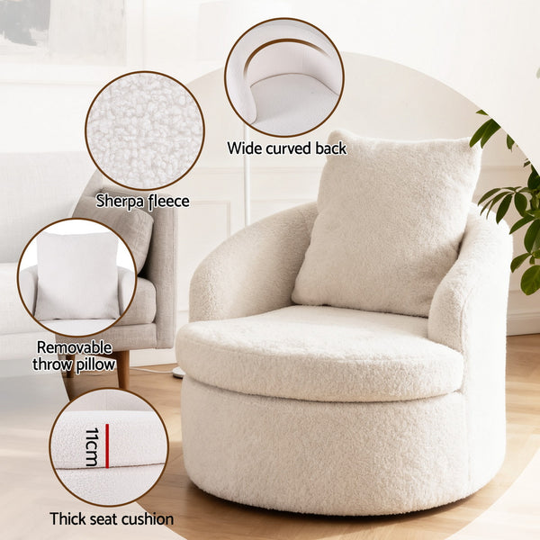 Artiss Round Swivel Armchair Extra Pillow White Awezingly