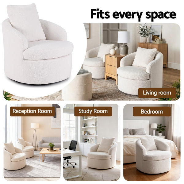 Artiss Round Swivel Armchair Extra Pillow White Awezingly