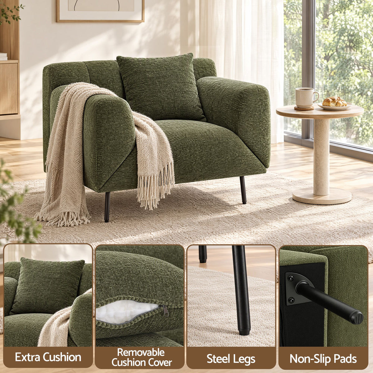 Artiss Armchair 3-in-1 Convertible Chenille Lounger and Daybed Green Awezingly