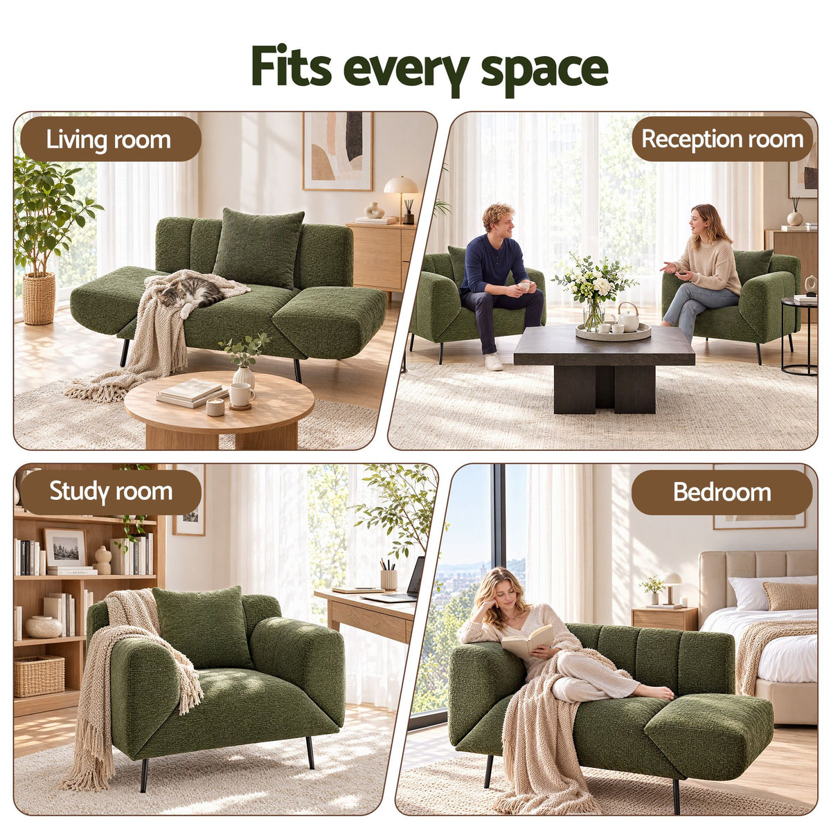Artiss Armchair 3-in-1 Convertible Chenille Lounger and Daybed Green Awezingly