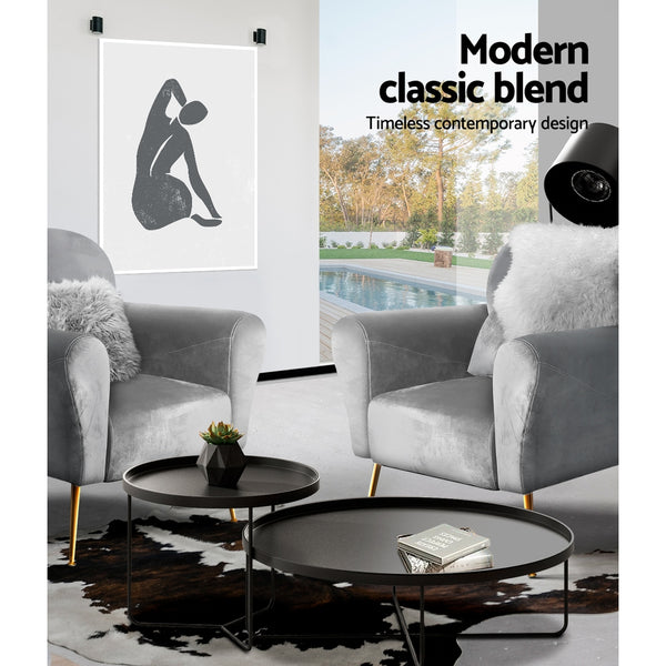 Artiss Armchair Lounge Chair Accent Armchairs Chairs Sofa Grey Velvet Cushion Artiss