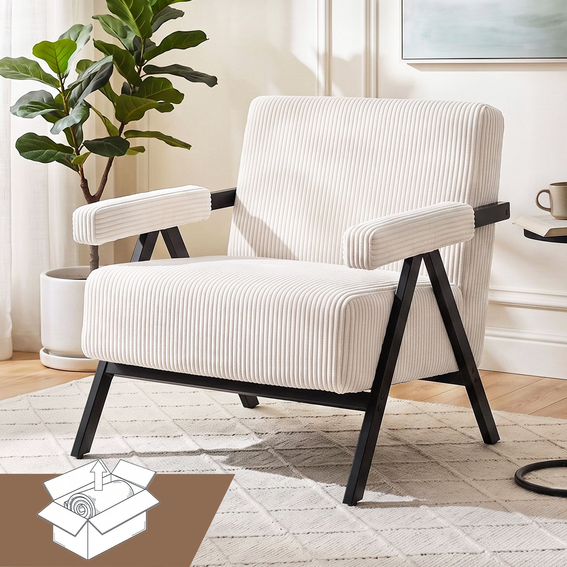 Artiss Compressed Armchair White Corduroy Accent Chair for Small Space Awezingly