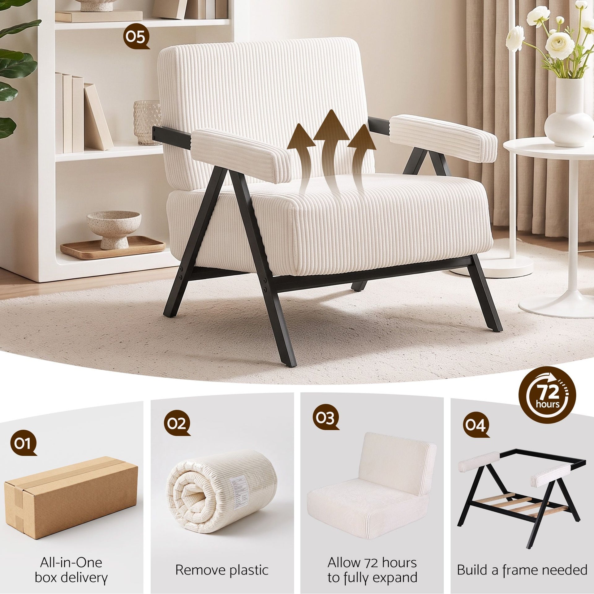 Artiss Compressed Armchair White Corduroy Accent Chair for Small Space Awezingly