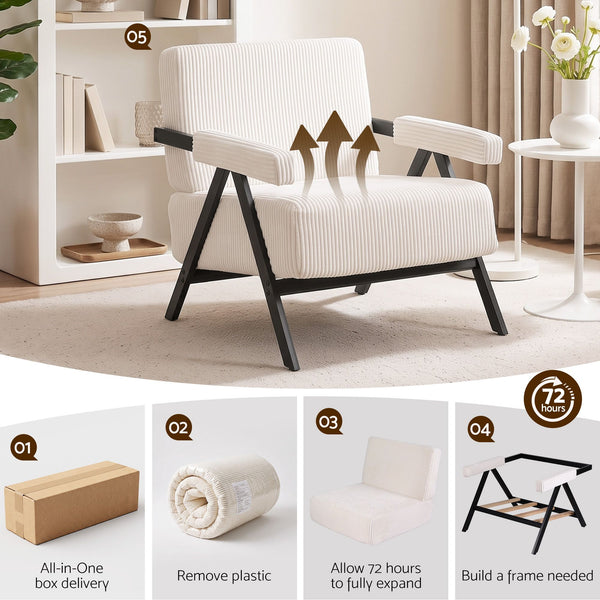 Artiss Compressed Armchair White Corduroy Accent Chair for Small Space Awezingly