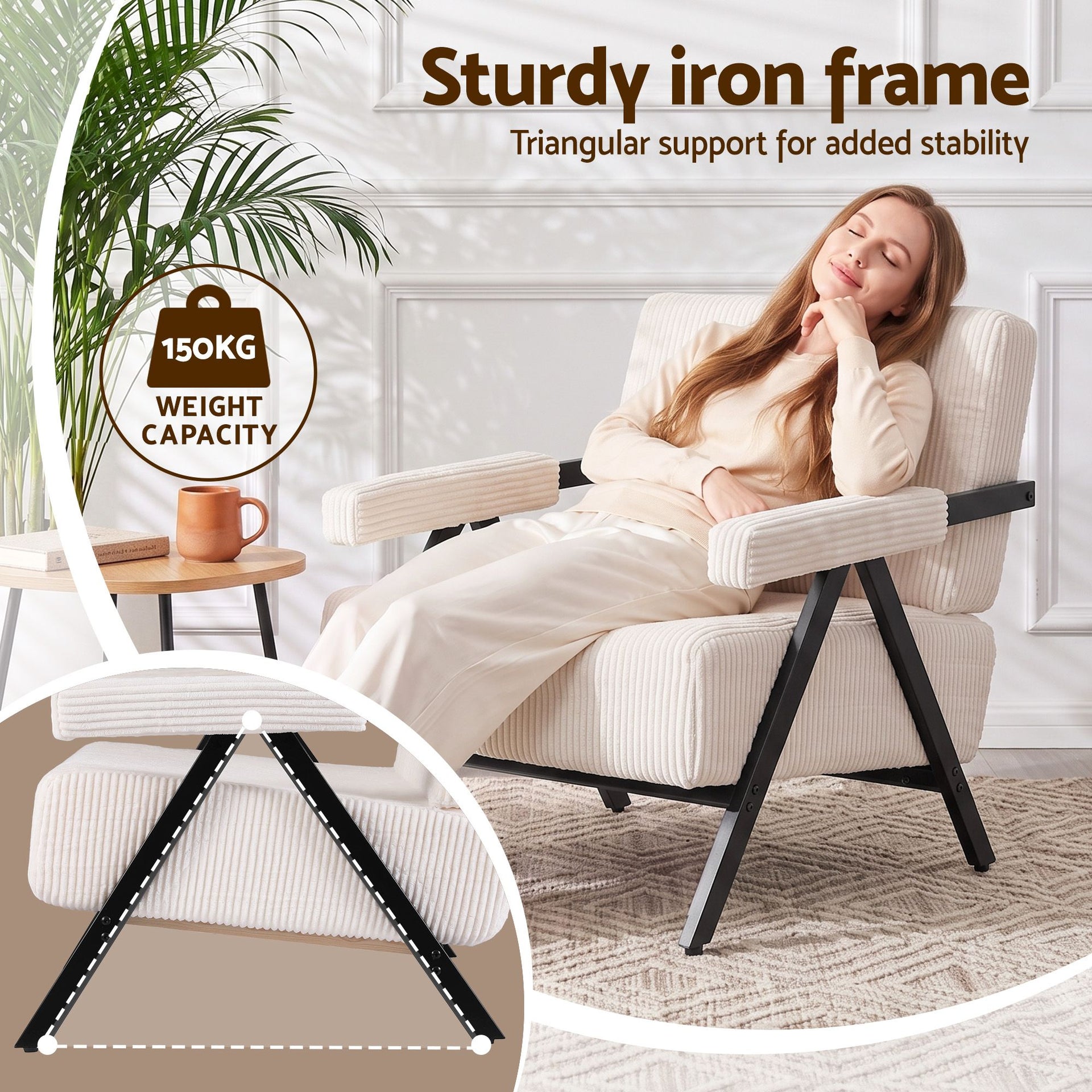Artiss Compressed Armchair White Corduroy Accent Chair for Small Space Awezingly