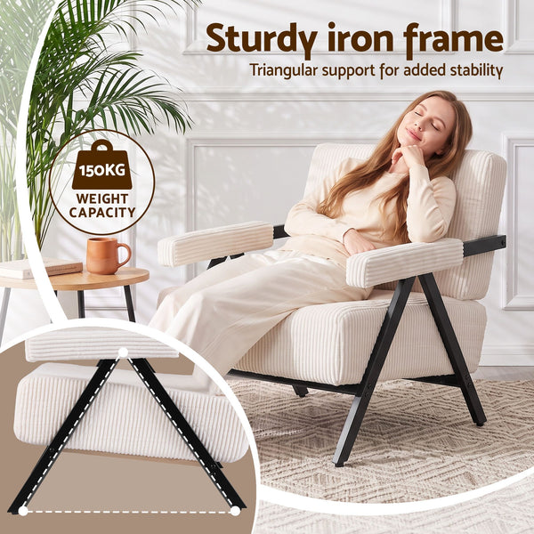 Artiss Compressed Armchair White Corduroy Accent Chair for Small Space Awezingly