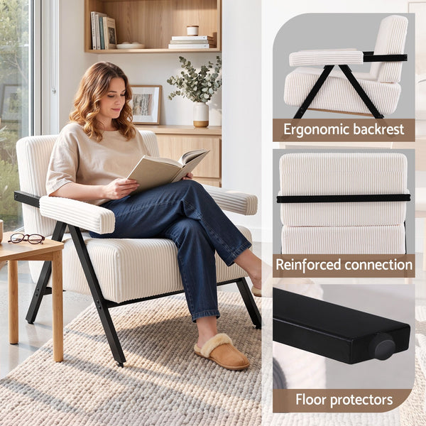 Artiss Compressed Armchair White Corduroy Accent Chair for Small Space Awezingly