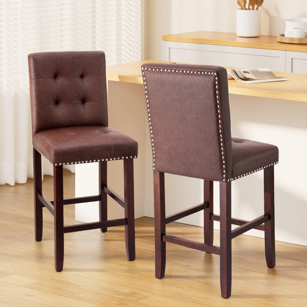 Artiss 2x Bar Stools Kitchen Dining Chairs Counter PU Leather Wooden Ada Brown Awezingly