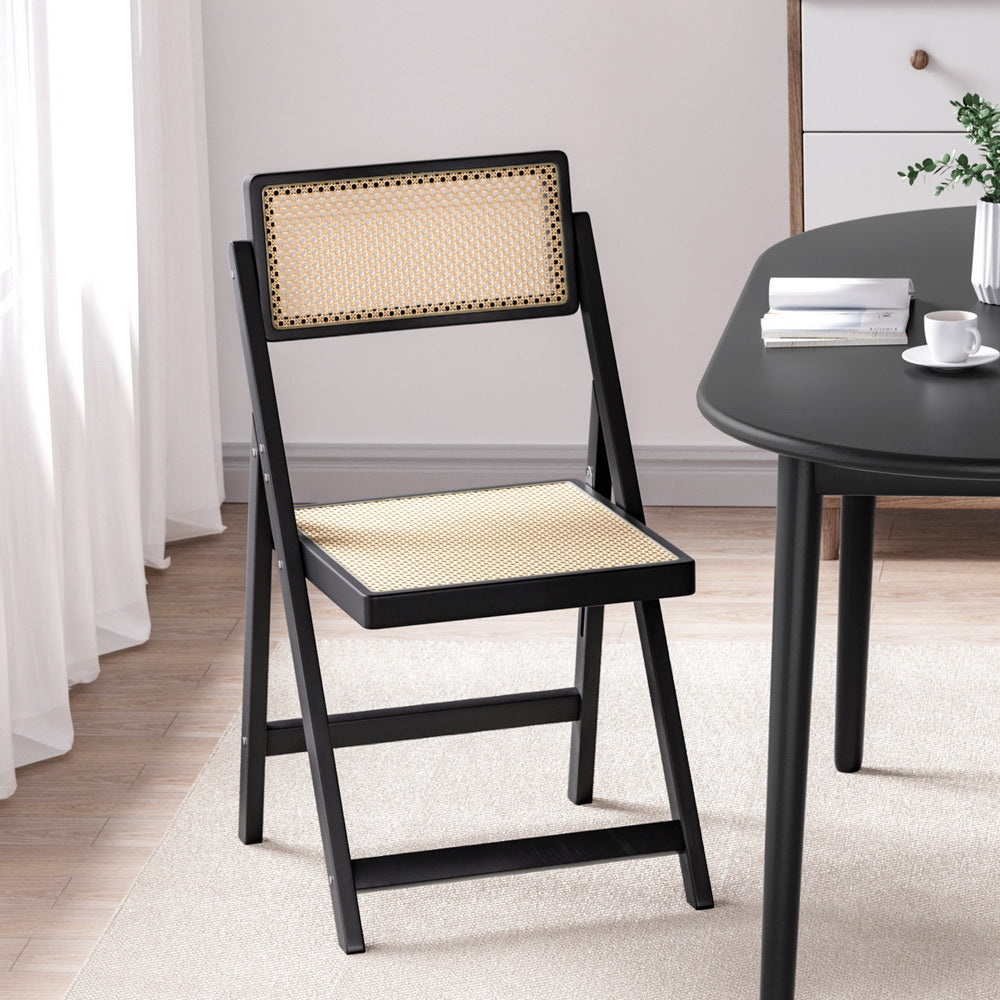 Artiss Dining Chair Wooden Rattan Foldable Black Artiss