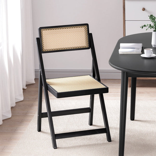 Artiss Dining Chair Wooden Rattan Foldable Black Artiss
