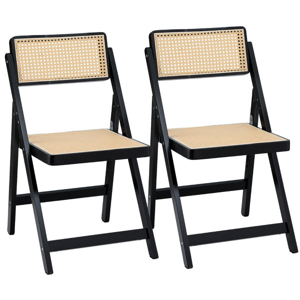 Artiss 2x Dining Chairs Wooden Rattan Foldable Black Awezingly