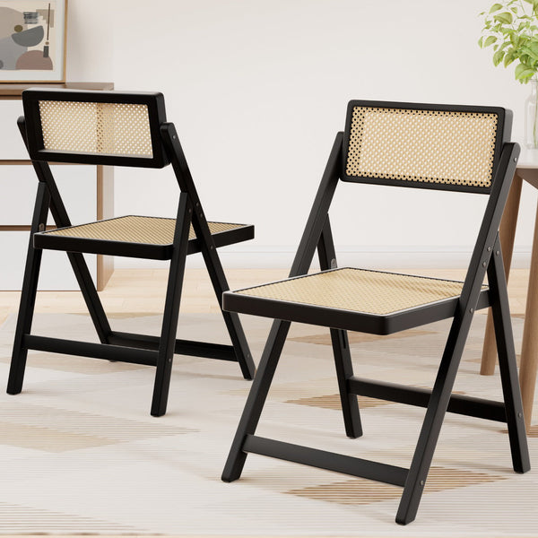 Artiss 2x Dining Chairs Wooden Rattan Foldable Black Awezingly