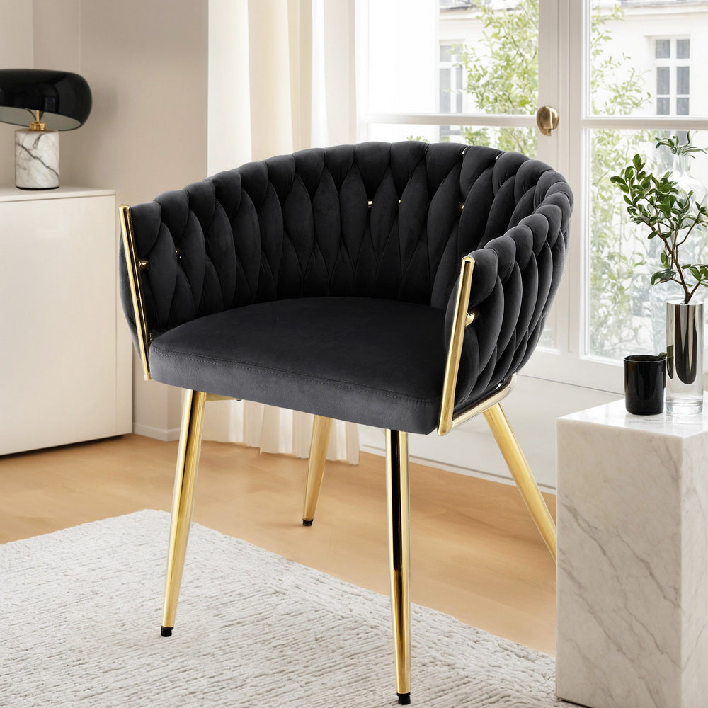 Artiss 1x Dining Chair Armchair Cafe Kitchen Lounge Chairs Velvet Weaving Black Awezingly