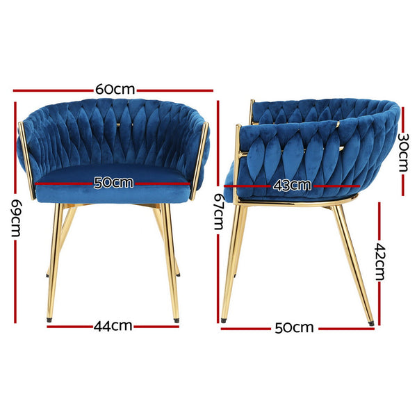 1 Set of 2 Artiss Dining Chairs Velvet Weaving Armchair Blue Artiss
