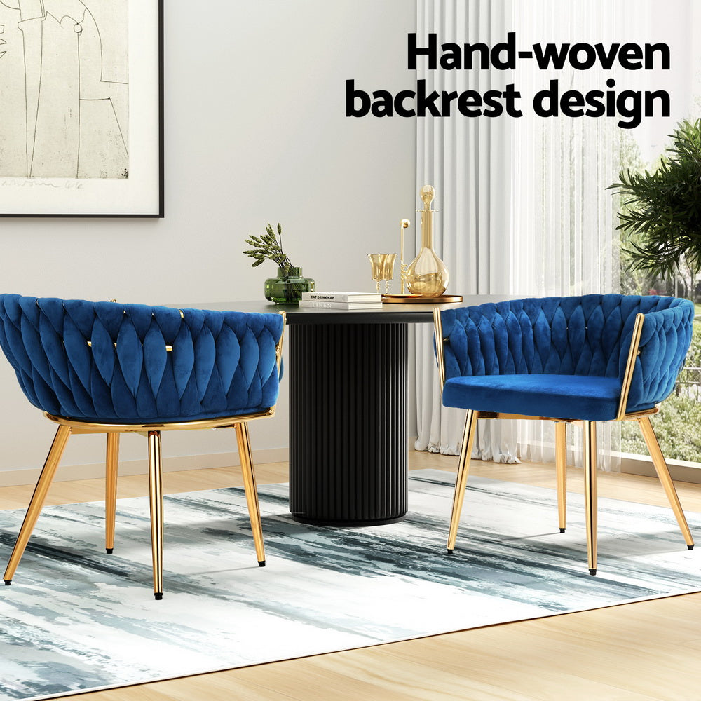 1 Set of 2 Artiss Dining Chairs Velvet Weaving Armchair Blue Artiss