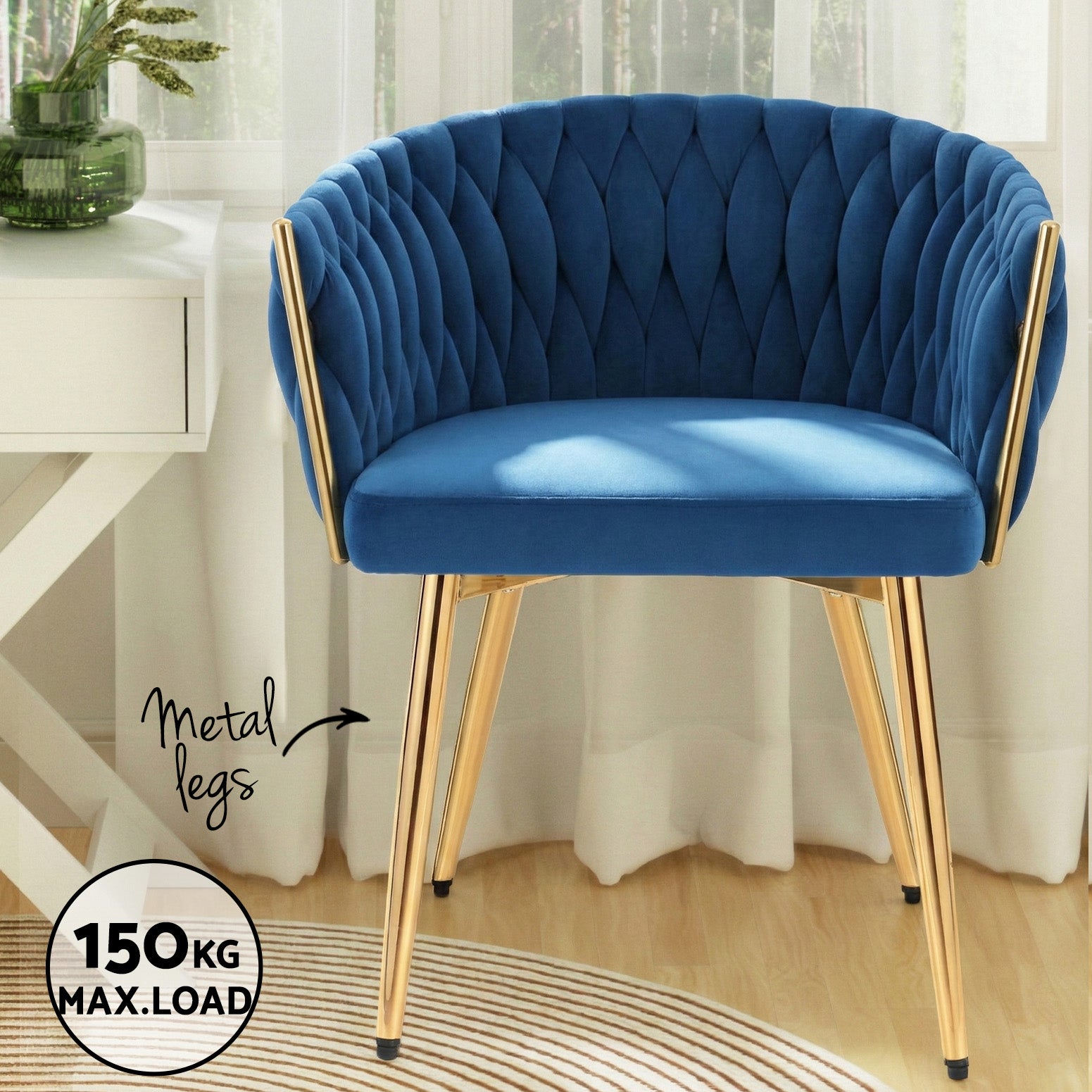 1 Set of 4 Artiss Dining Chairs Velvet Weaving Armchair Blue Artiss