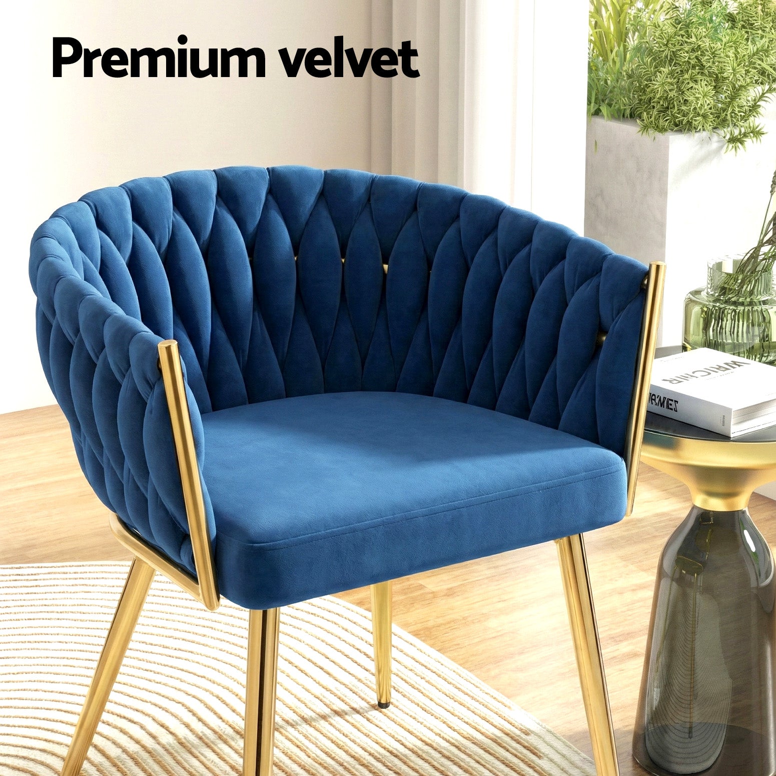 1 Set of 4 Artiss Dining Chairs Velvet Weaving Armchair Blue Artiss