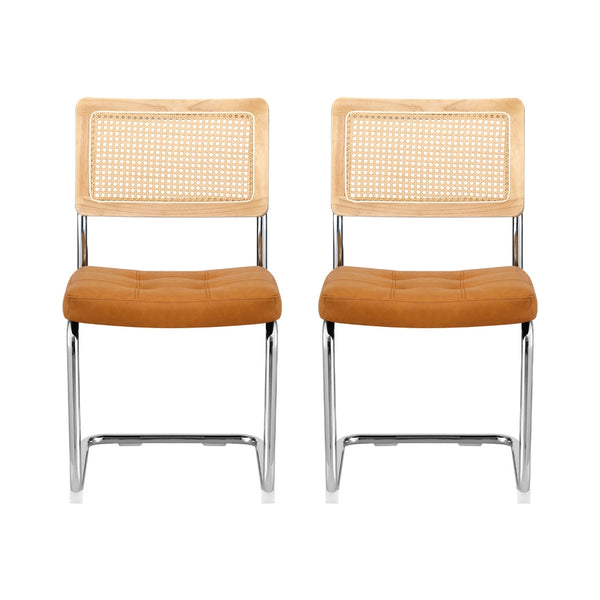 Artiss Dining Chairs Set of 2 PU Leather Rattan Cantilever Brown Awezingly