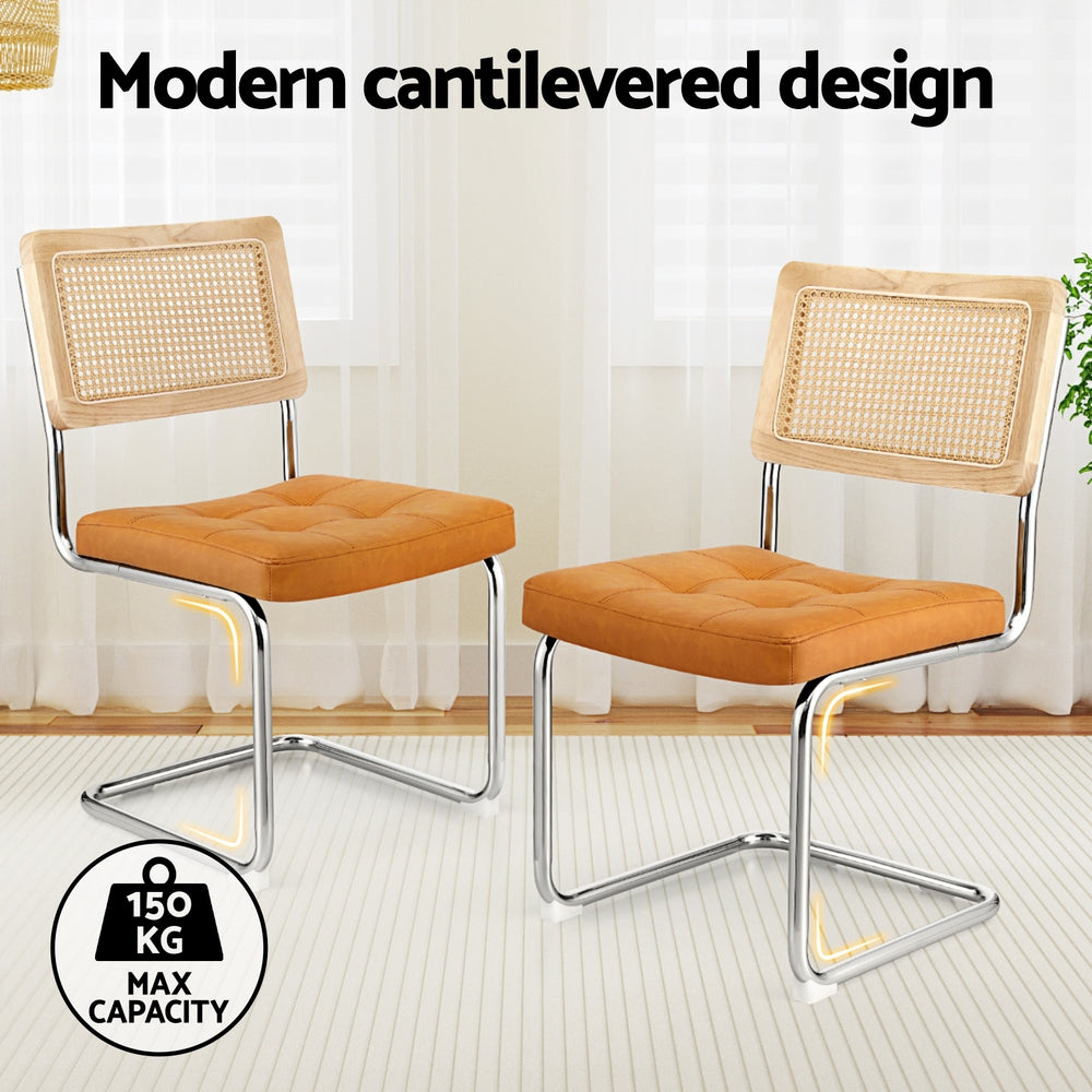 Artiss Dining Chairs Set of 2 PU Leather Rattan Cantilever Brown Awezingly