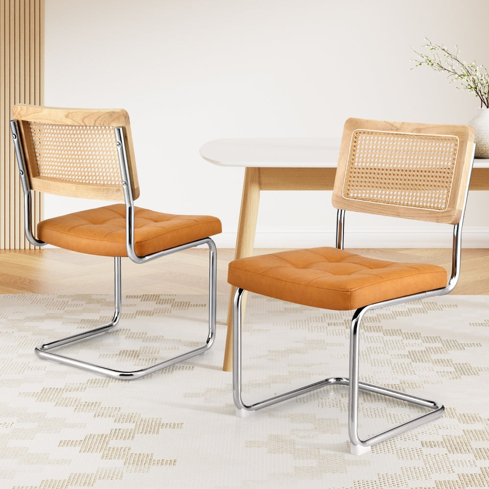 Artiss Dining Chairs Set of 2 PU Leather Rattan Cantilever Brown Awezingly