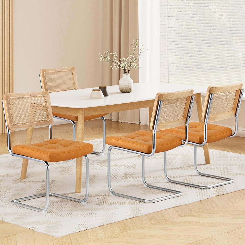 Artiss Dining Chairs Set of 4 PU Leather Rattan Cantilever Brown Awezingly