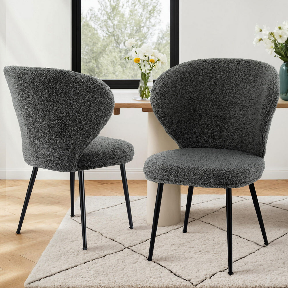 Artiss 2x Dining Chairs Sherpa Boucle Wing Back Grey Awezingly