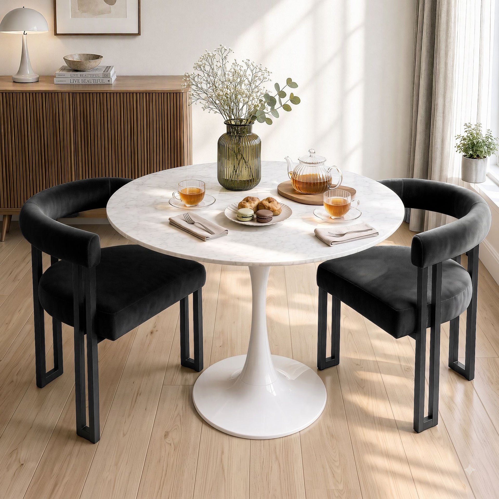 Artiss Dining Chairs Set of 2 Velvet Upholstered Barrel Chairs with Curved Armrests & Back Black Awezingly
