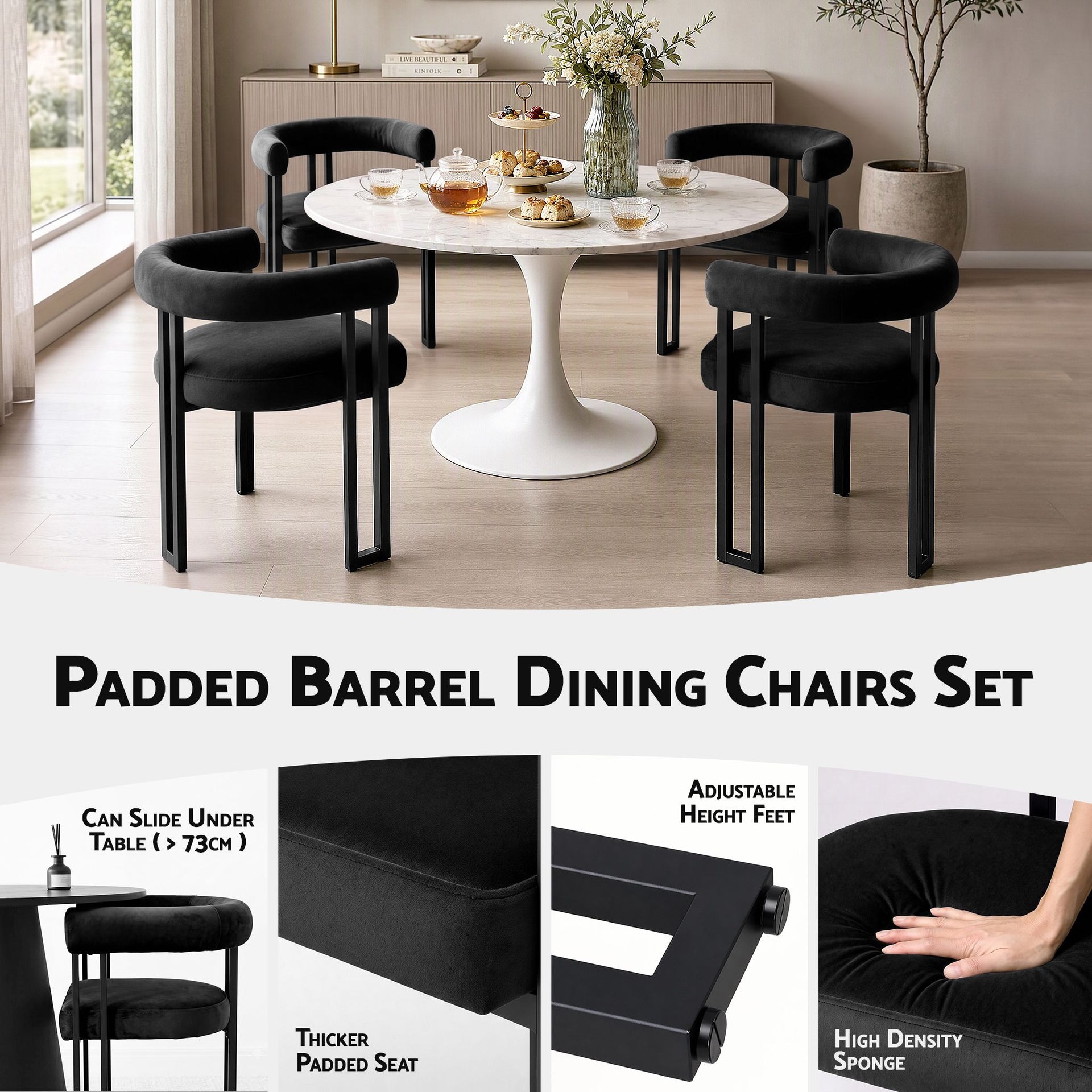 Artiss Dining Chairs Set of 2 Velvet Upholstered Barrel Chairs with Curved Armrests & Back Black Awezingly