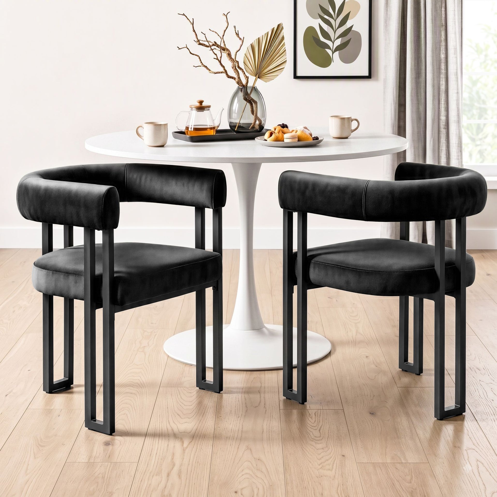 Artiss Dining Chairs Set of 2 Velvet Upholstered Barrel Chairs with Curved Armrests & Back Black Awezingly