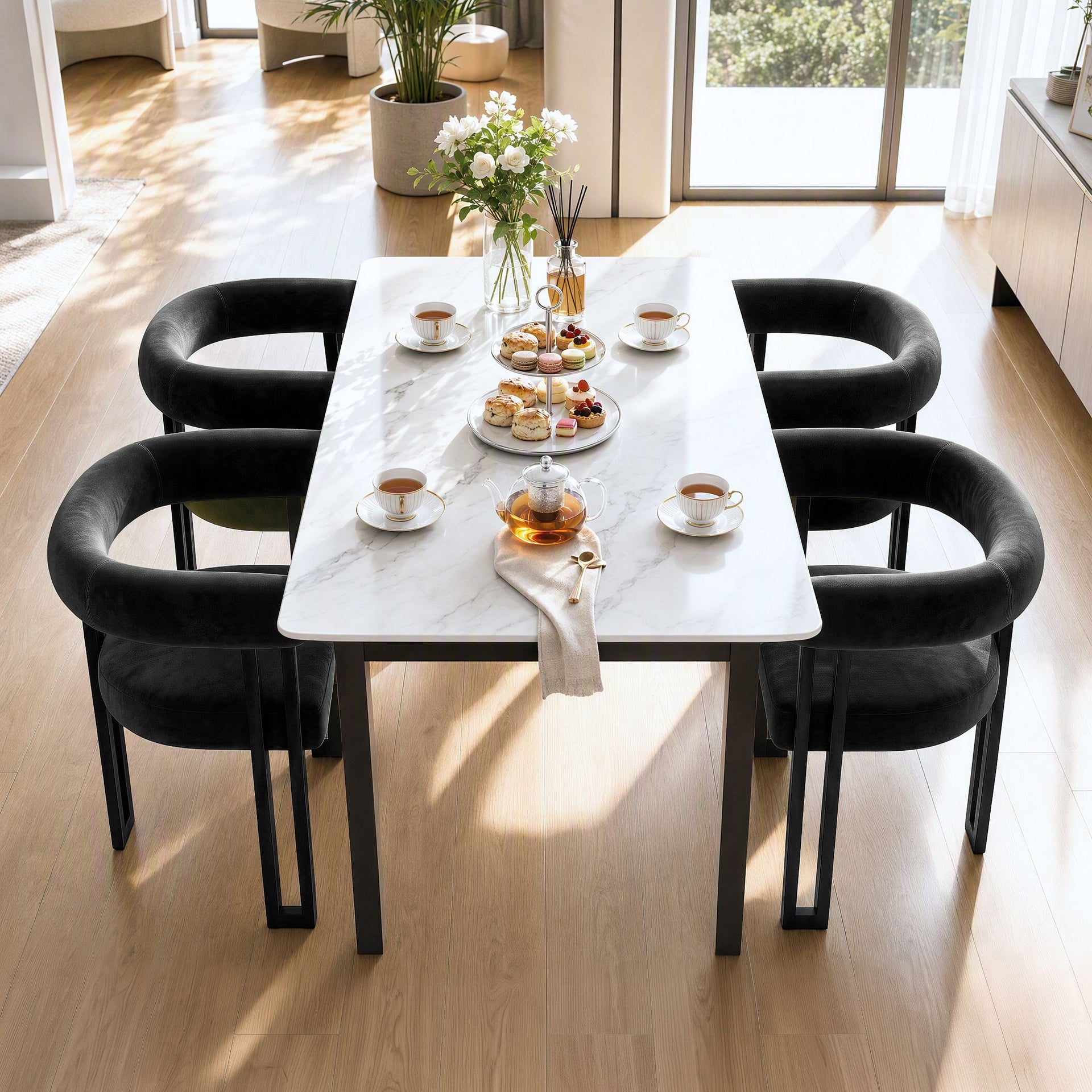Artiss Dining Chairs Set of 4 Velvet Upholstered Barrel Chairs with Curved Armrests & Back Black Awezingly