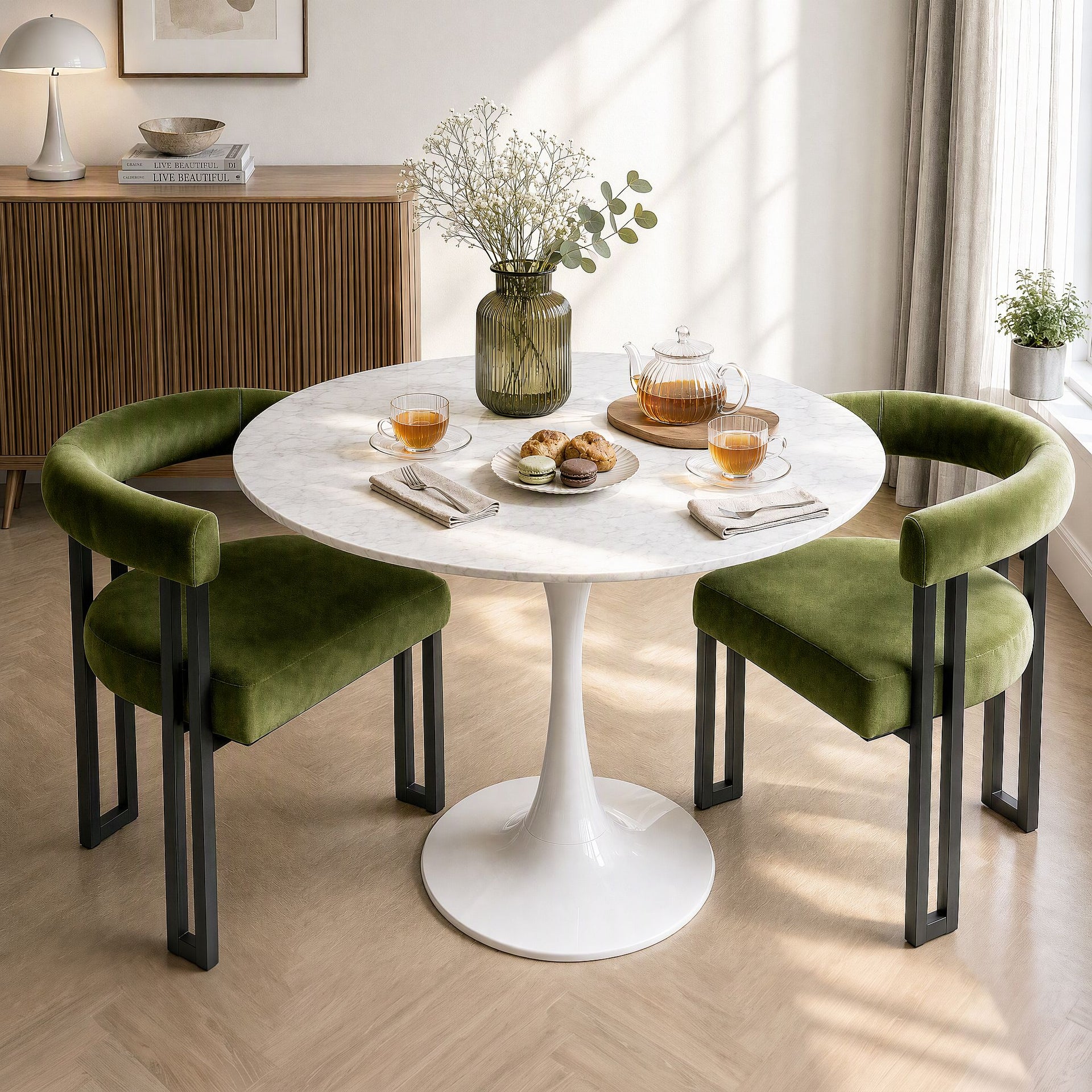 Artiss Dining Chairs Set of 2 Velvet Upholstered Barrel Chairs with Curved Armrests & Back Green Awezingly