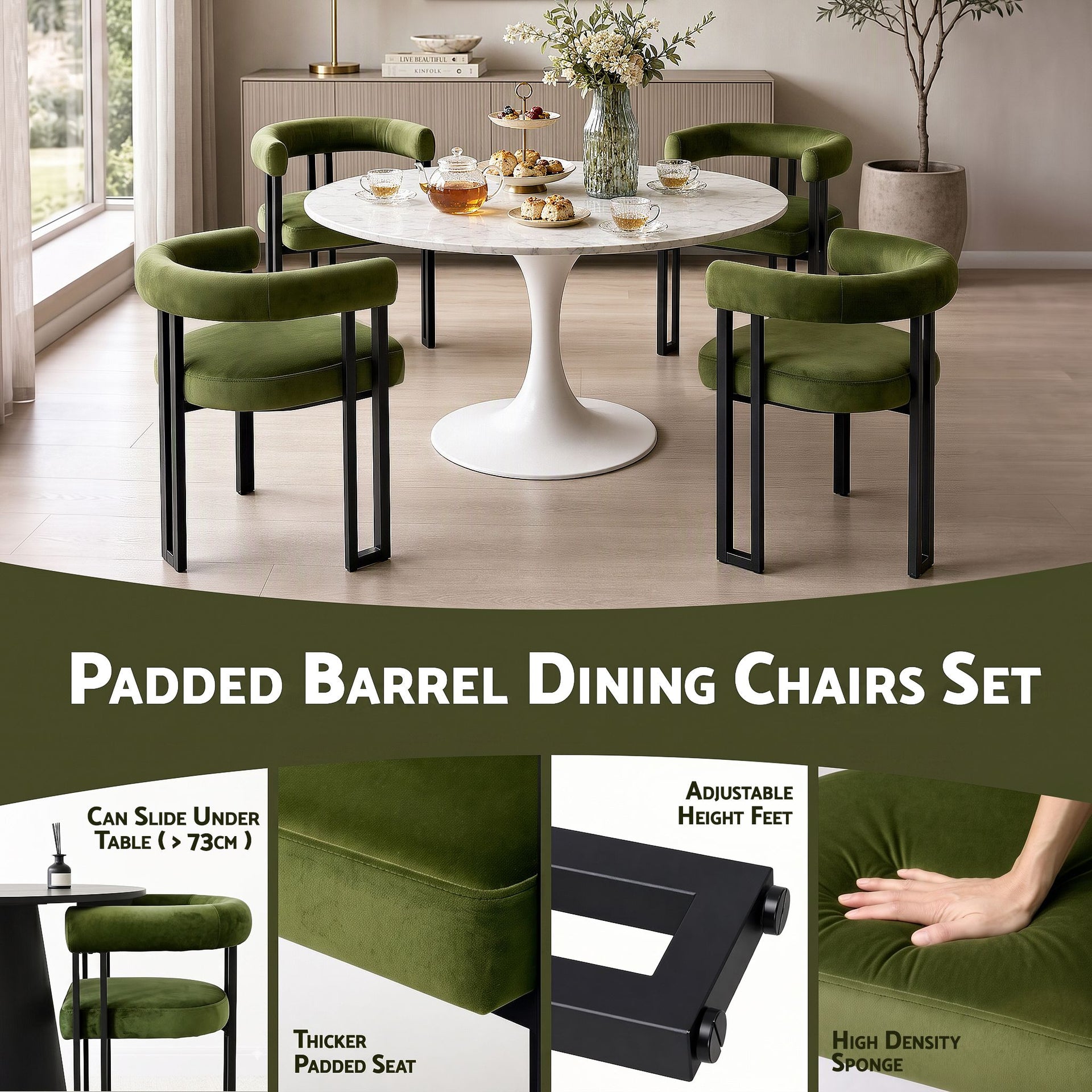 Artiss Dining Chairs Set of 4 Velvet Upholstered Barrel Chairs with Curved Armrests & Back Green Awezingly