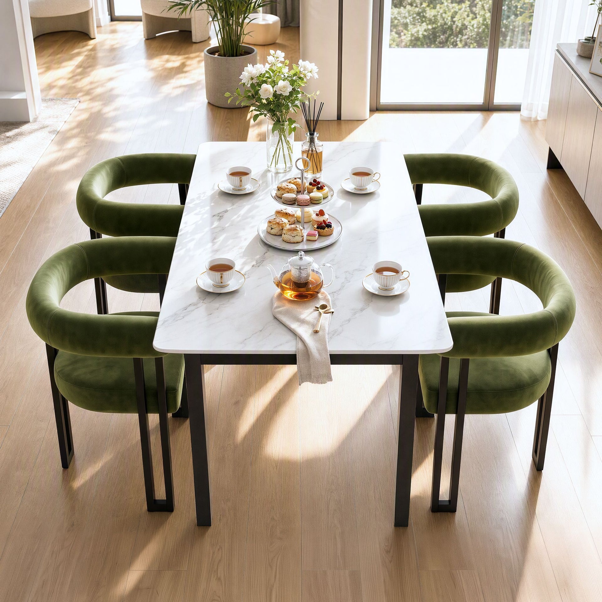 Artiss Dining Chairs Set of 4 Velvet Upholstered Barrel Chairs with Curved Armrests & Back Green Awezingly
