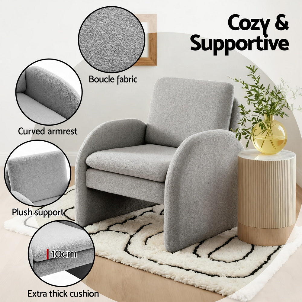 Artiss Armchair Accent Chair Lounge Tub Sofa Couch Curved Arm Seat Boucle Grey Awezingly