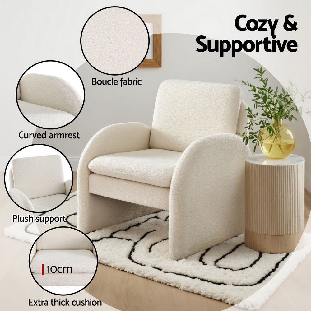 Artiss Armchair Accent Chair Lounge Tub Sofa Couch Curved Arm Seat Boucle White Artiss