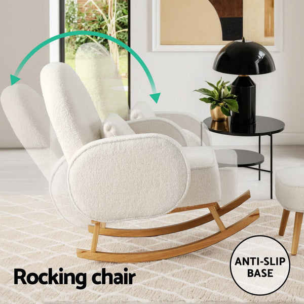 Artiss Armchair Rocking Chair Ottoman Lounge Footrest Round Nursing Boucle White Artiss