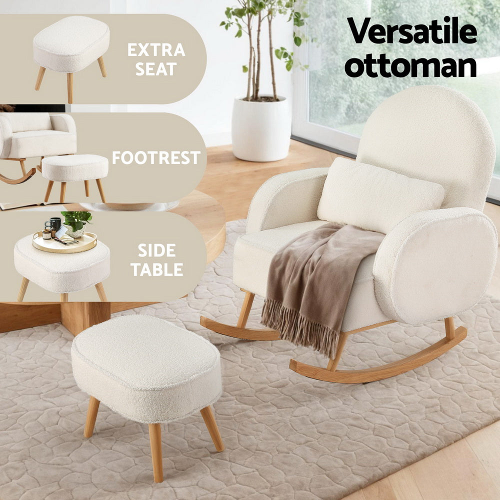Artiss Armchair Rocking Chair Ottoman Lounge Footrest Round Nursing Boucle White Artiss