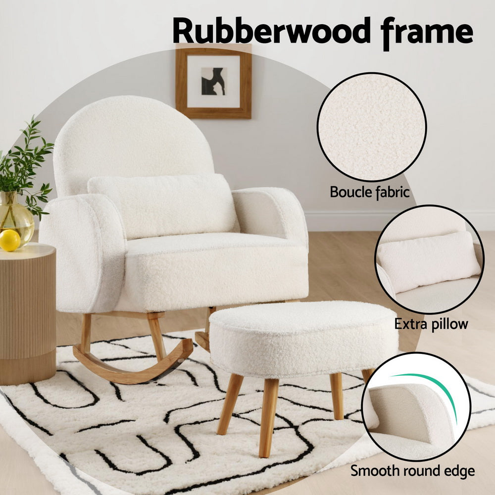 Artiss Armchair Rocking Chair Ottoman Lounge Footrest Round Nursing Boucle White Artiss