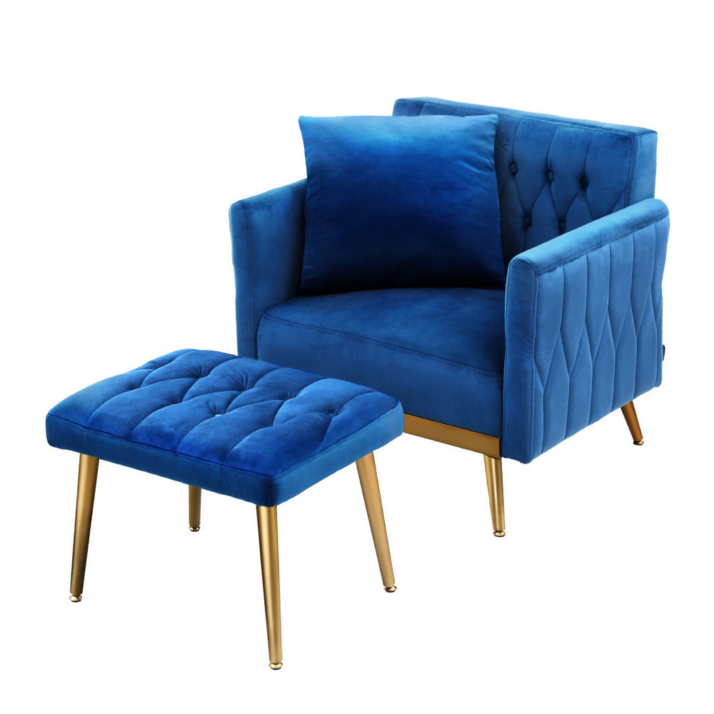Artiss Armchair Ottoman Accent Chair Pillow Velvet Blue Artiss