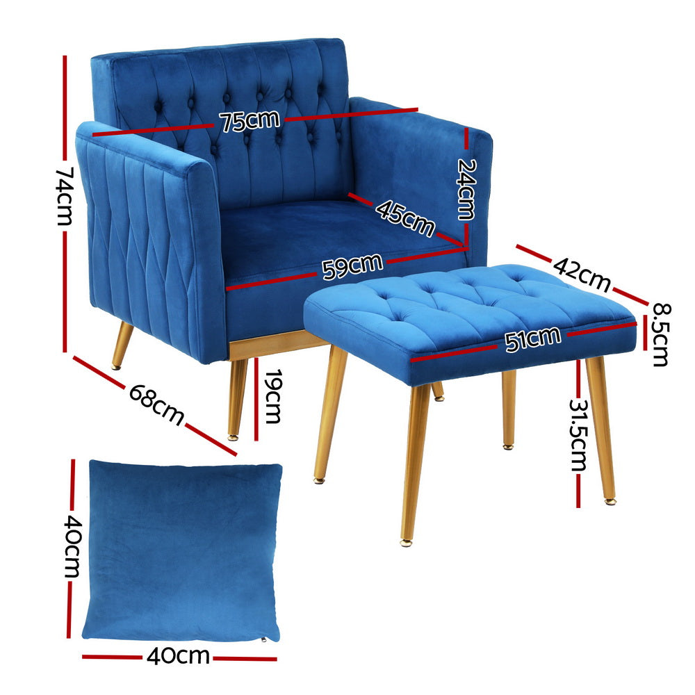 Artiss Armchair Ottoman Accent Chair Pillow Velvet Blue Artiss